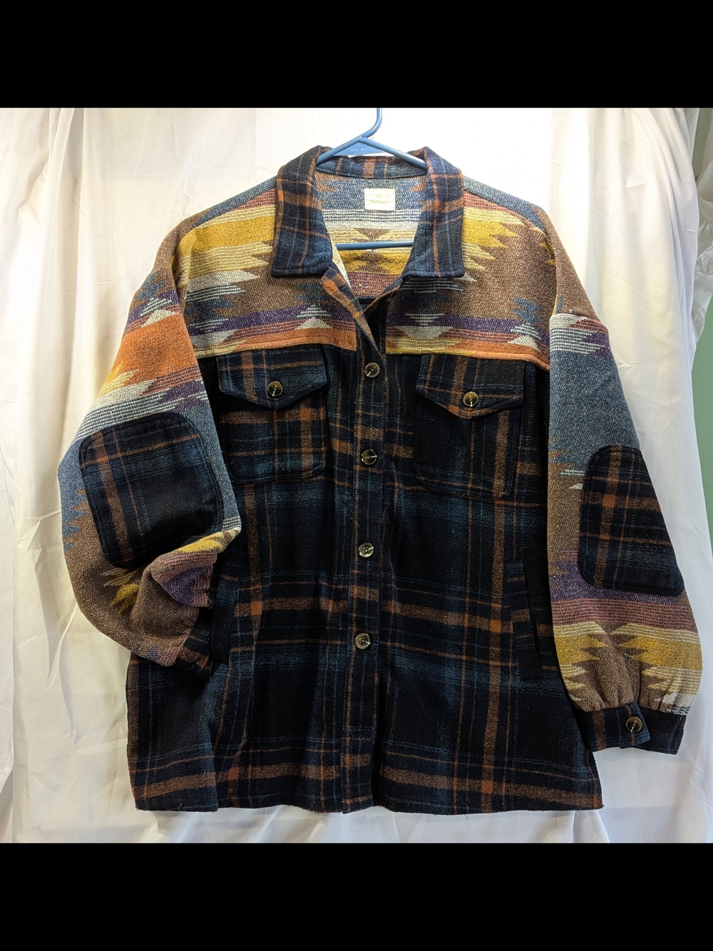 Blue Buttercup Southwestern Plaid Button-Up Jacket  Navy, Brown & Mustard Size L